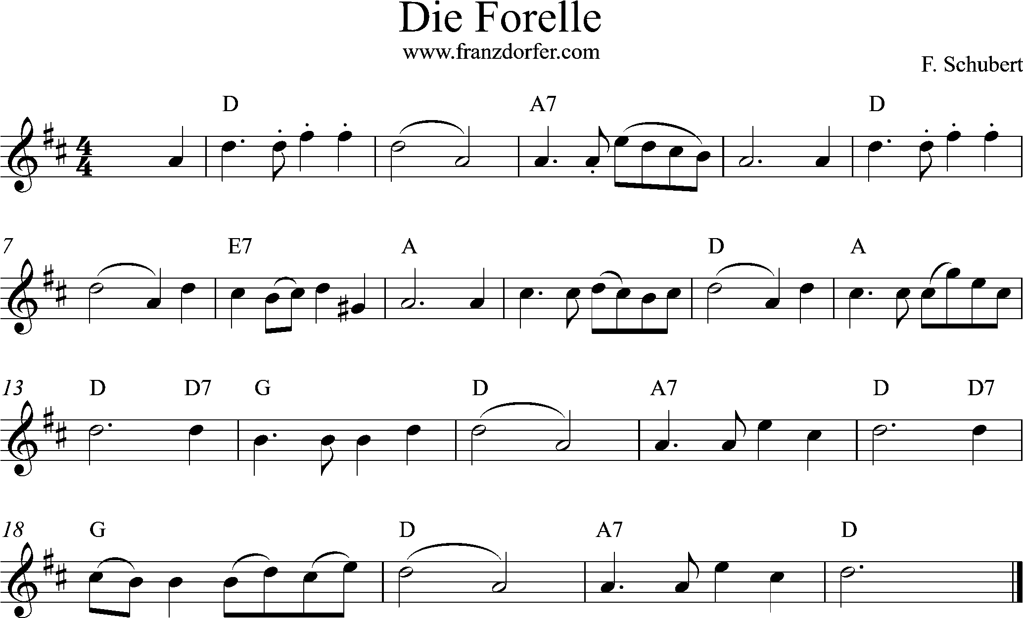 Die Forelle Noten D-Dur hoch